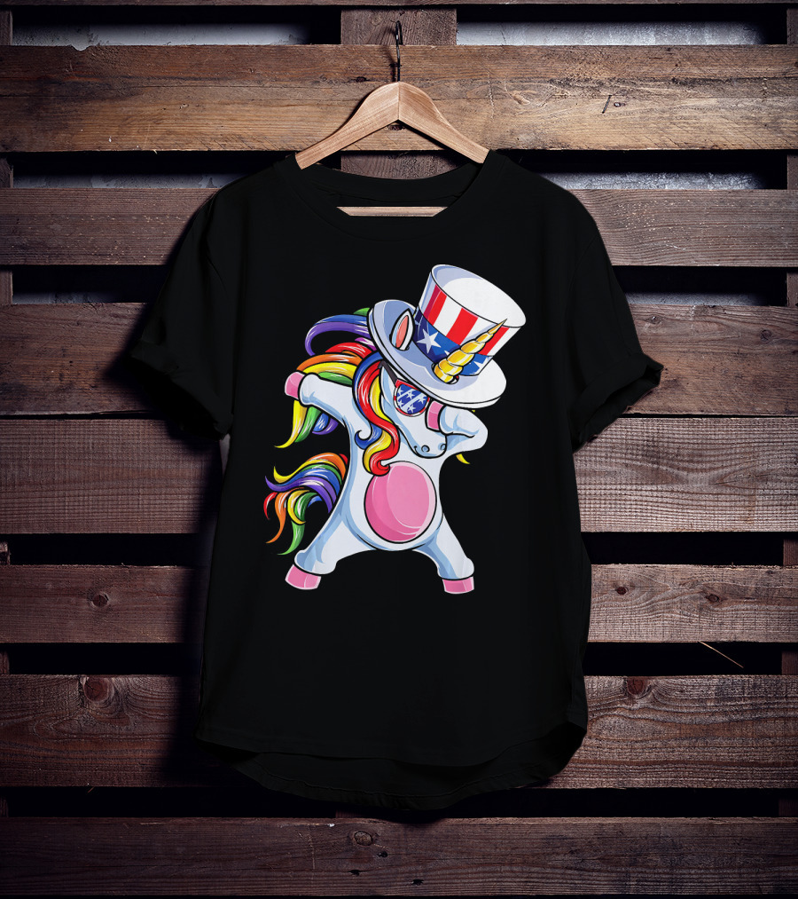 Dabbing Unicorn With Patriotic Uncle Sam Hat And Rainbow Mane T-Shirt