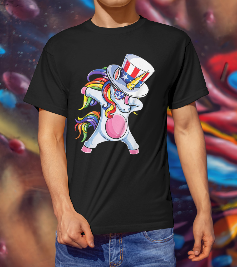 Dabbing Unicorn With Patriotic Uncle Sam Hat And Rainbow Mane T-Shirt