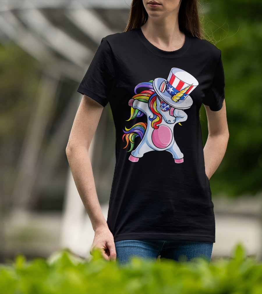 Dabbing Unicorn With Patriotic Uncle Sam Hat And Rainbow Mane T-Shirt