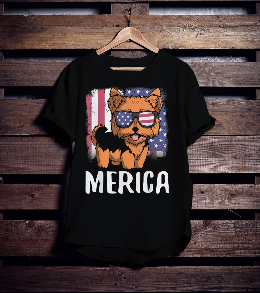 Merica Yorkie Dog American Flag Sunglasses USA T-Shirt