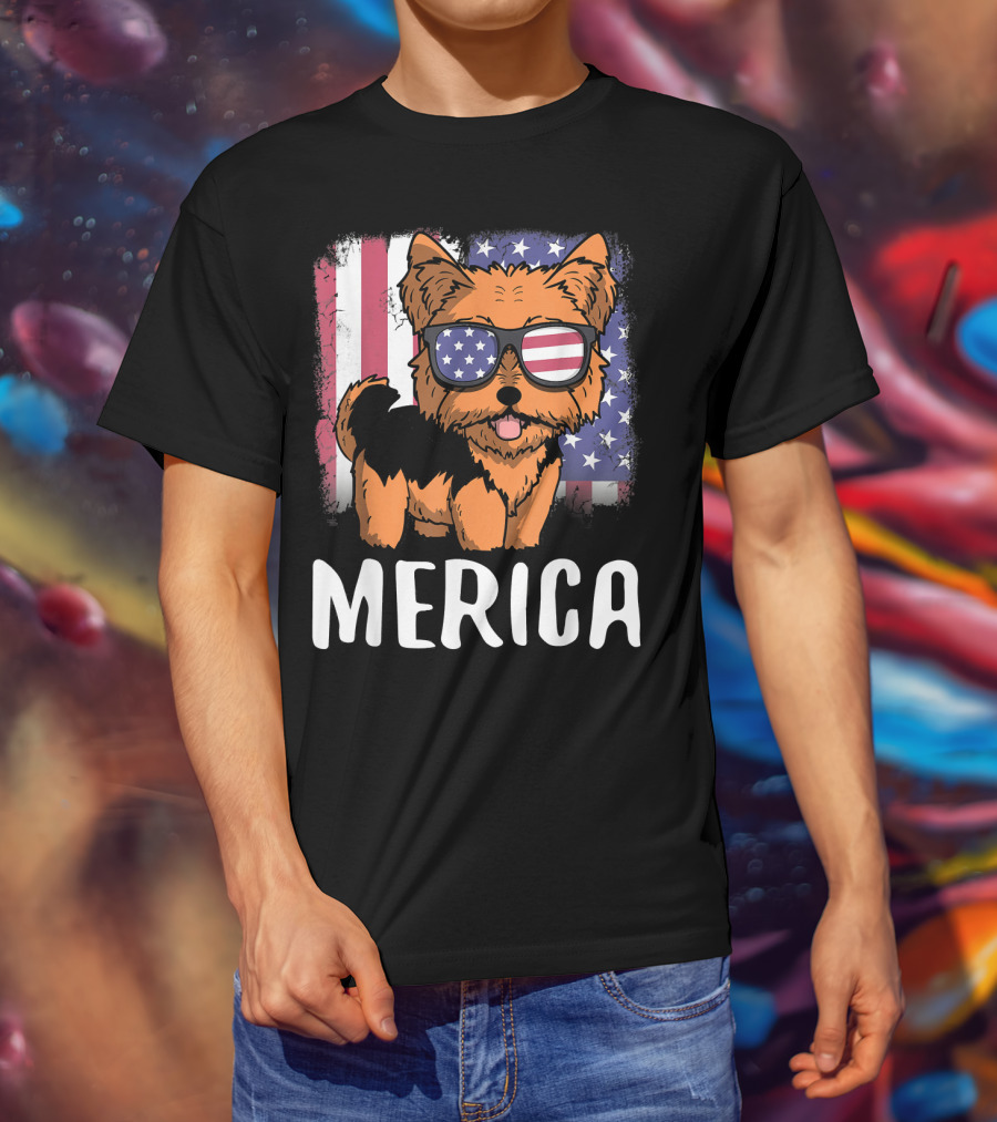 Merica Yorkie Dog American Flag Sunglasses USA T-Shirt