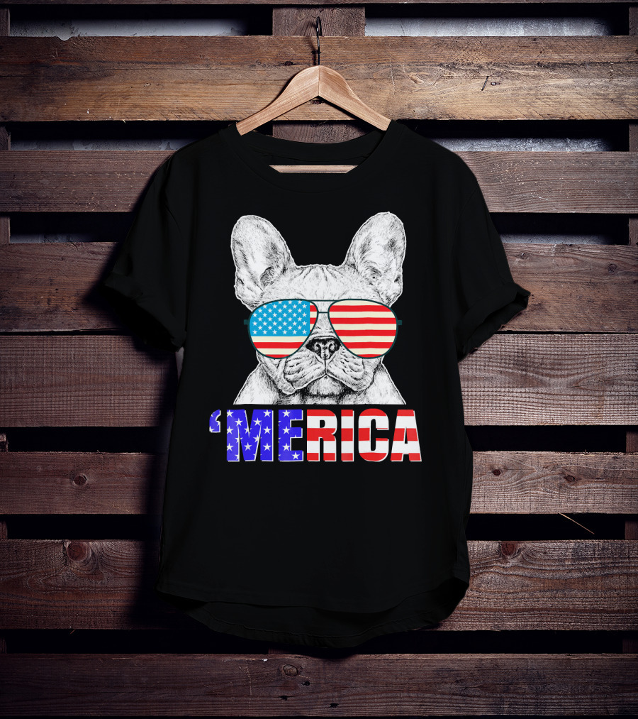 Funny French Bull Dog 'Merica With American Flag Sunglasses T-Shirt