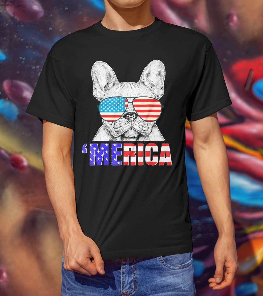 Funny French Bull Dog 'Merica With American Flag Sunglasses T-Shirt