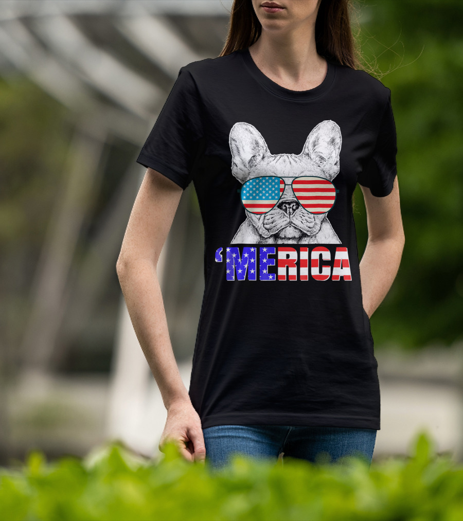 Funny French Bull Dog 'Merica With American Flag Sunglasses T-Shirt