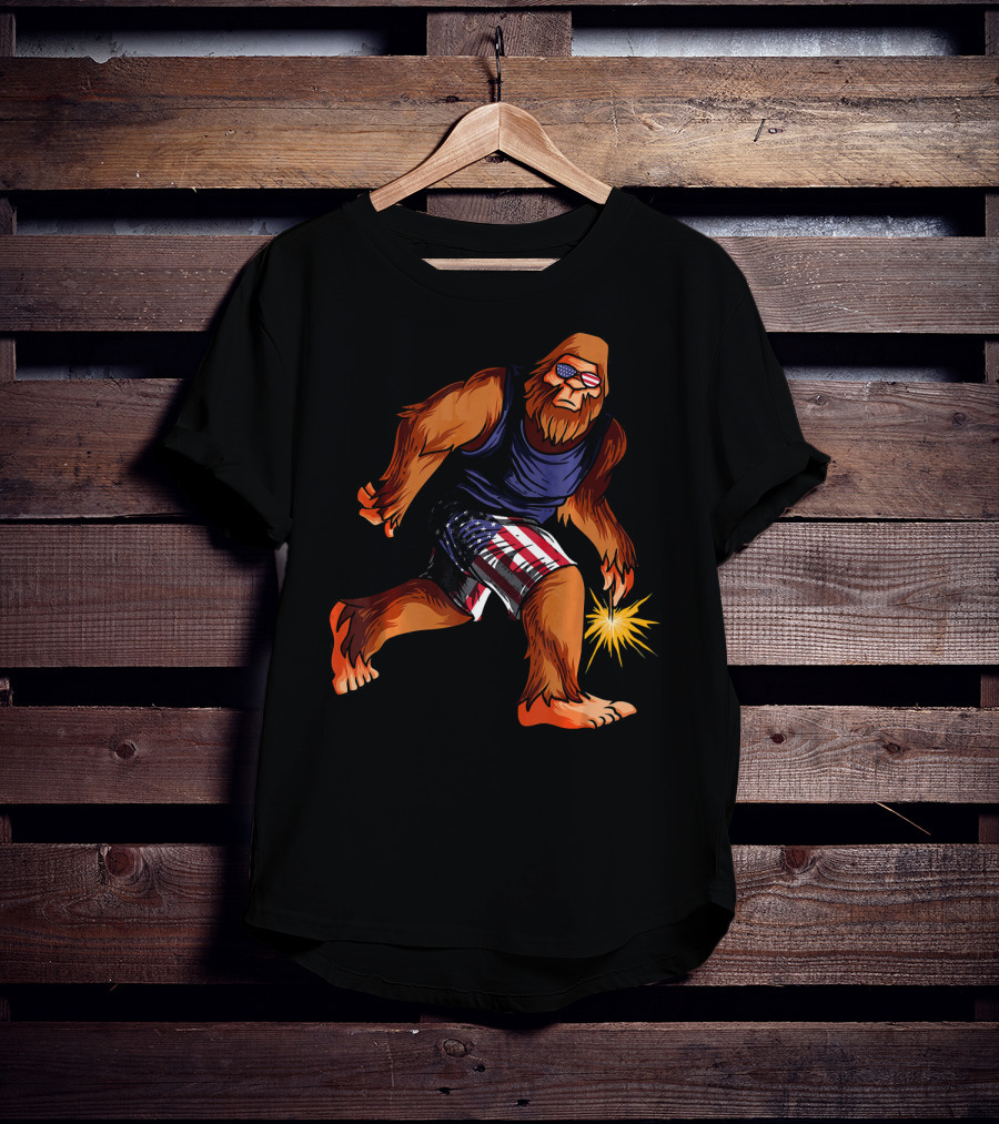 Bigfoot In American Flag Shorts With Fourth Of July Sparkler T-Shirt