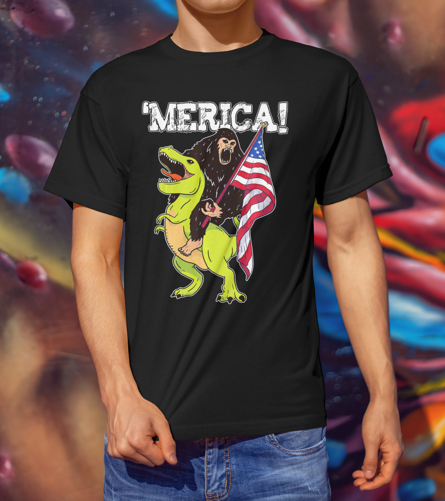 'Merica Bigfoot Dinosaur Fourth Of July Patriot T-Shirt