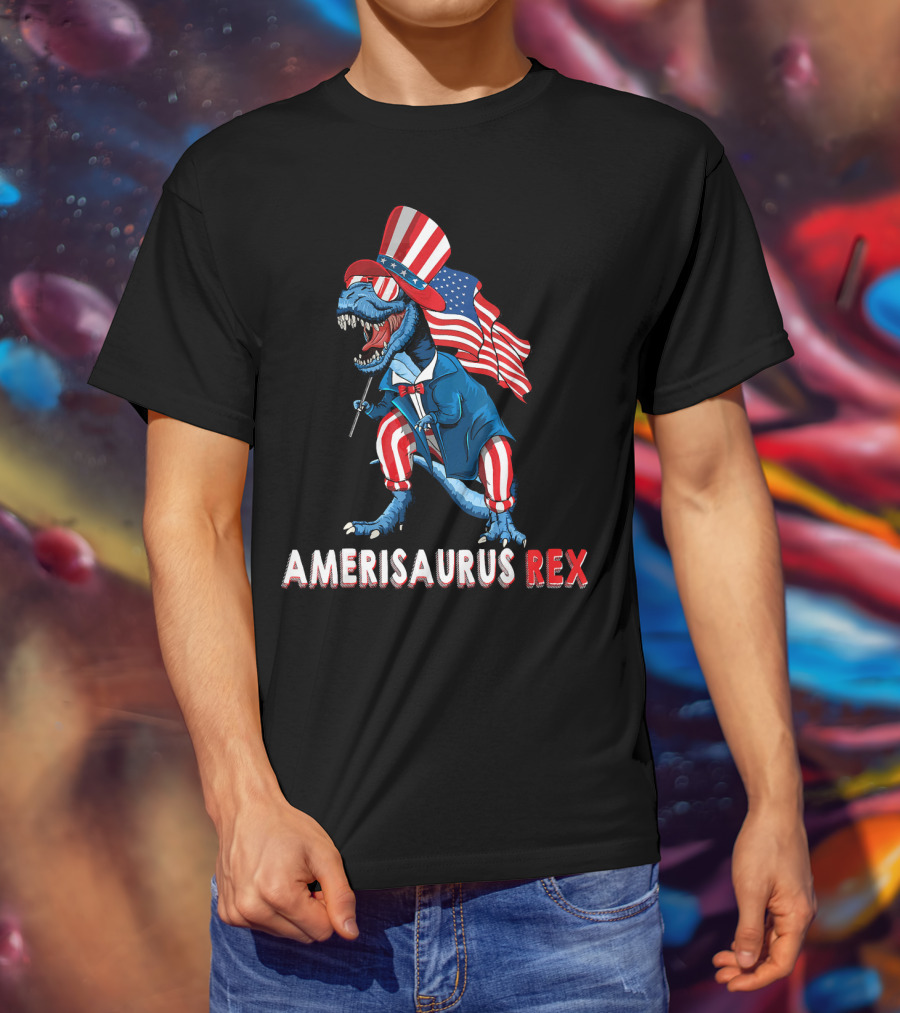 Amerisaurus Rex Dinosaur Uncle Sam USA Flag Independence Day T-Shirt