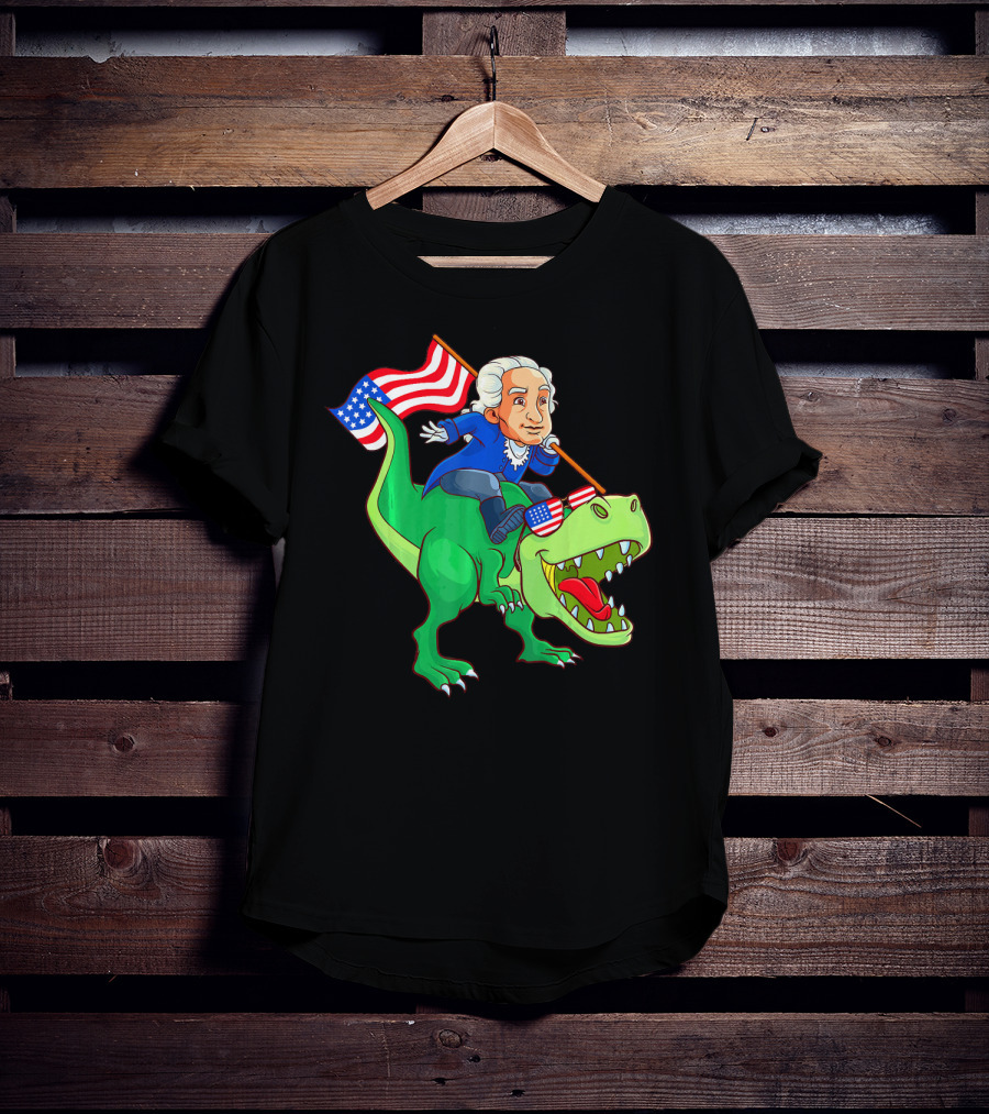 George Washington Riding Rex Dinosaur With American Flag And Sunglasses T-Shirt