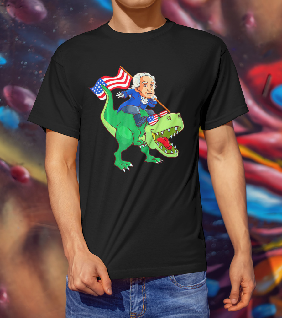 George Washington Riding Rex Dinosaur With American Flag And Sunglasses T-Shirt