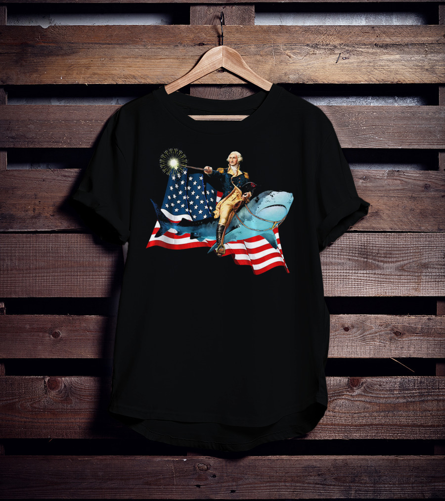 George Washington Patriotically Riding Shark With American Flag T-Shirt