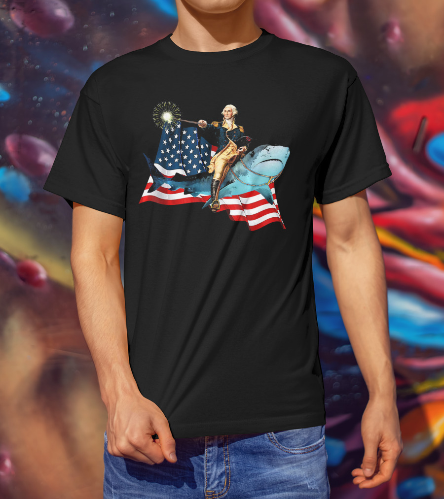 George Washington Patriotically Riding Shark With American Flag T-Shirt