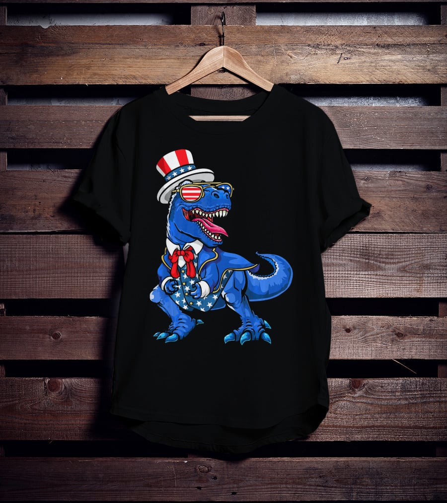 Patriotic Dinosaur With American Flag Hat And Glasses T-Shirt