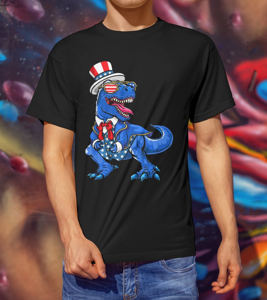 Patriotic Dinosaur With American Flag Hat And Glasses T-Shirt