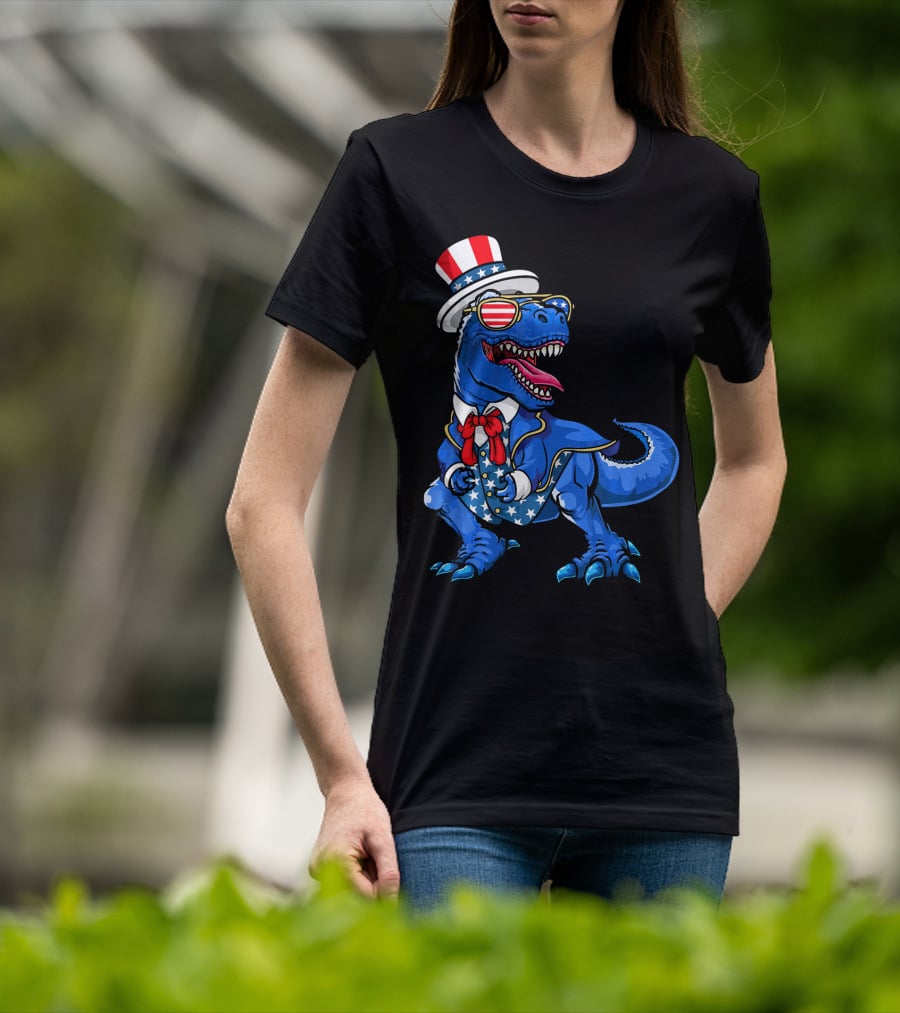 Patriotic Dinosaur With American Flag Hat And Glasses T-Shirt