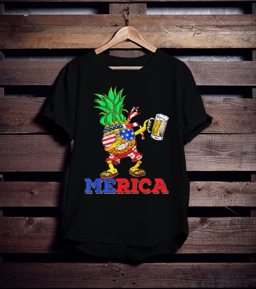 Merica Dabbing Pineapple US Flag Sunglasses Beer Mug Hawaiian Shorts T-Shirt