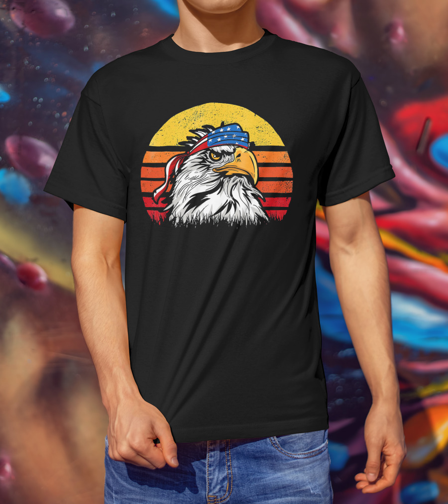 Retro Mullet Eagle With American Flag Bandana And Sunburst Patriotic T-Shirt