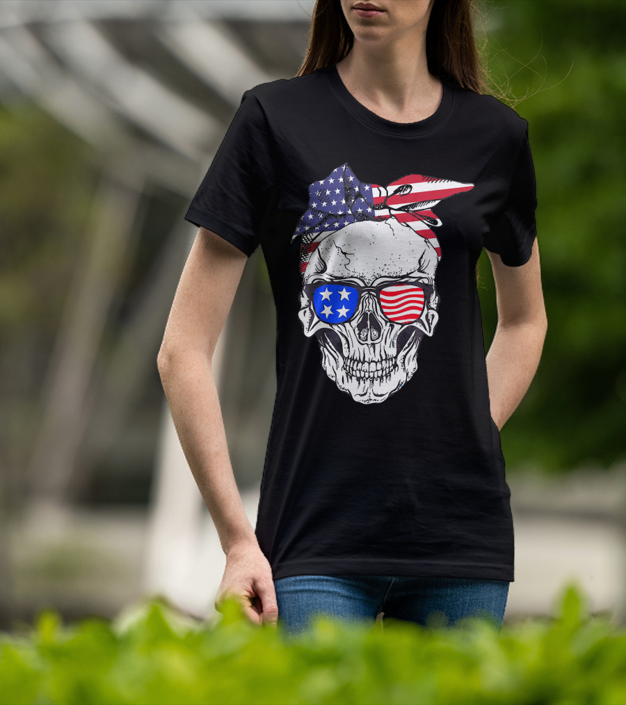 Patriotic Skull American Flag Bandana Sunglasses T-Shirt