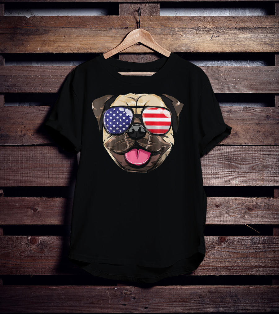 Pug Dog With American Flag Sunglasses Patriotic T-Shirt