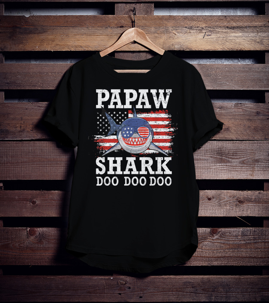 Papaw Shark Doo Doo Doo American Flag Sunglasses T-Shirt
