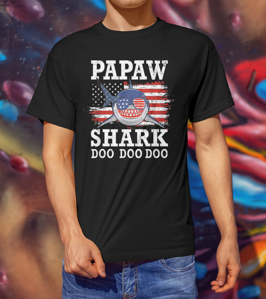 Papaw Shark Doo Doo Doo American Flag Sunglasses T-Shirt
