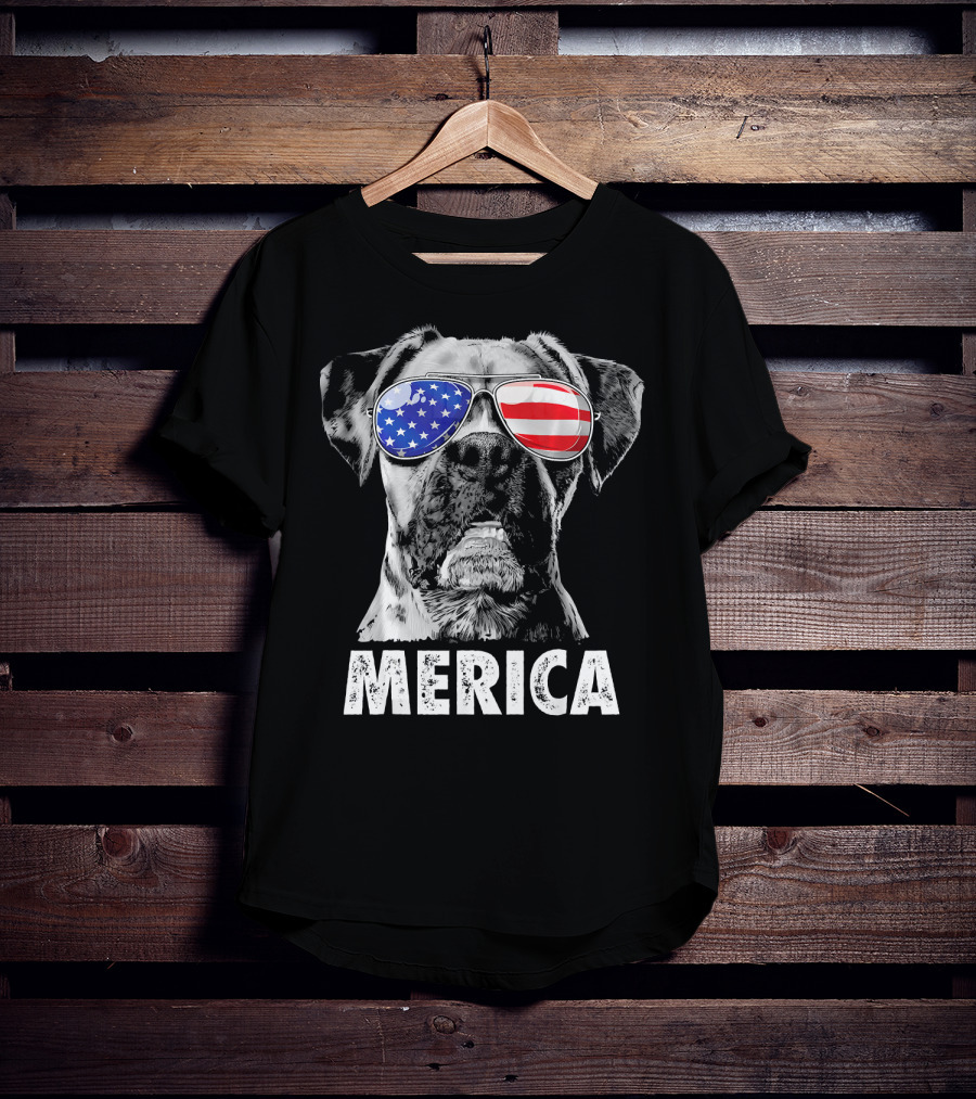 Merica Boxer Dog With American Flag Sunglasses T-Shirt