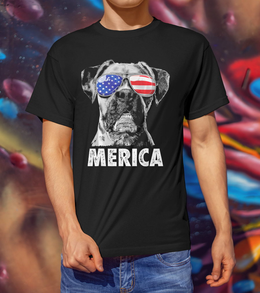 Merica Boxer Dog With American Flag Sunglasses T-Shirt