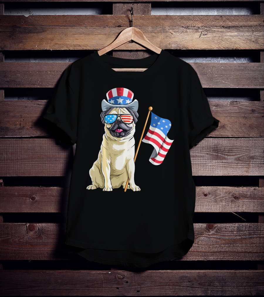 Pug In Patriotic Hat And Sunglasses Holding American Flag T-Shirt