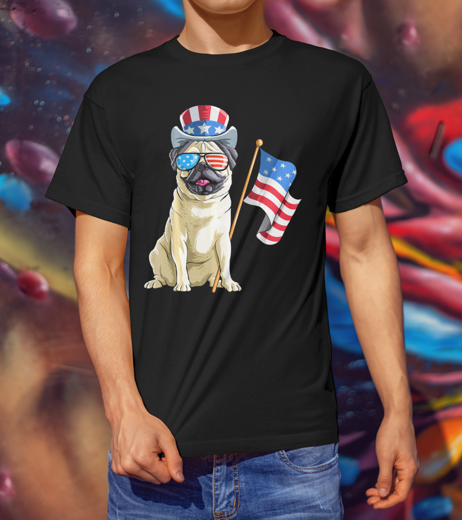 Pug In Patriotic Hat And Sunglasses Holding American Flag T-Shirt