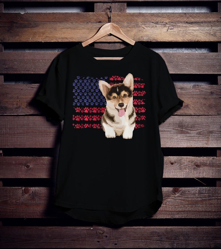 American Flag Corgi Dog With Paw Prints T-Shirt