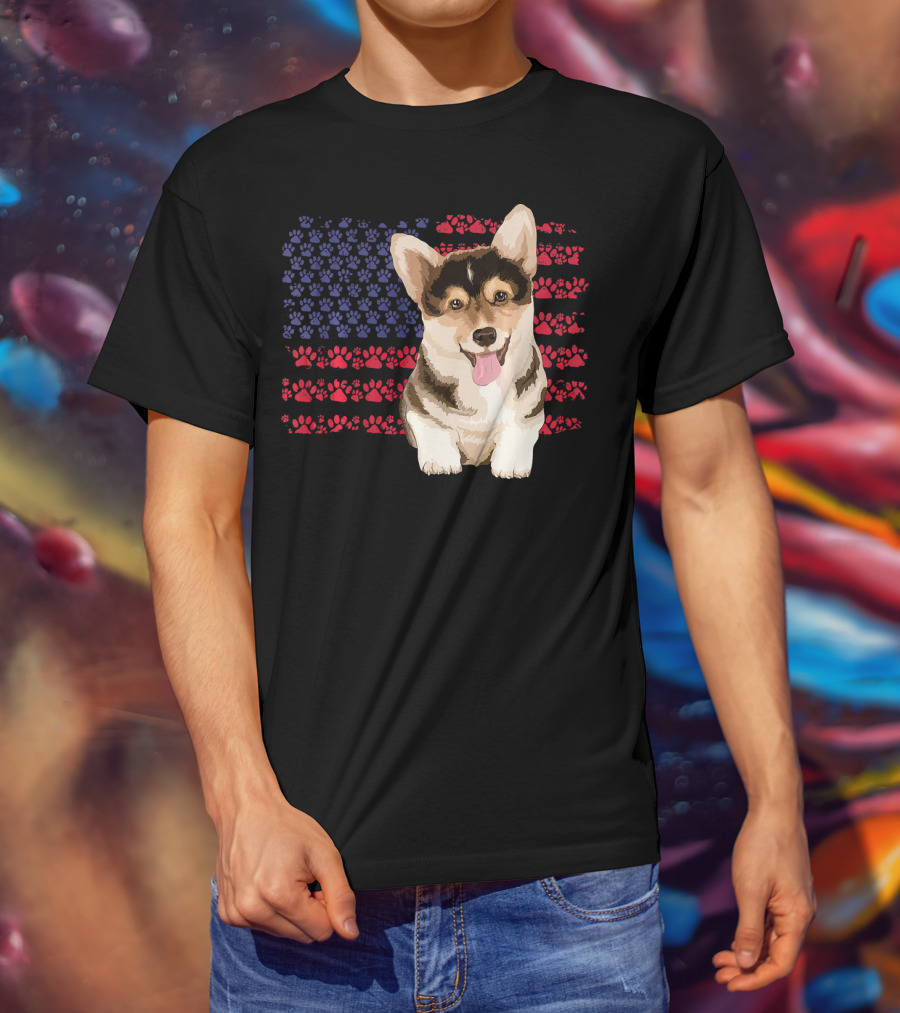 American Flag Corgi Dog With Paw Prints T-Shirt