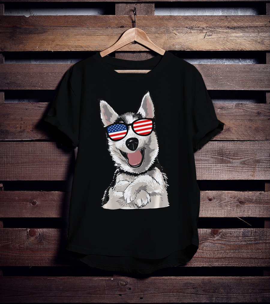 Patriotic Dog Husky With American Flag Sunglasses T-Shirt