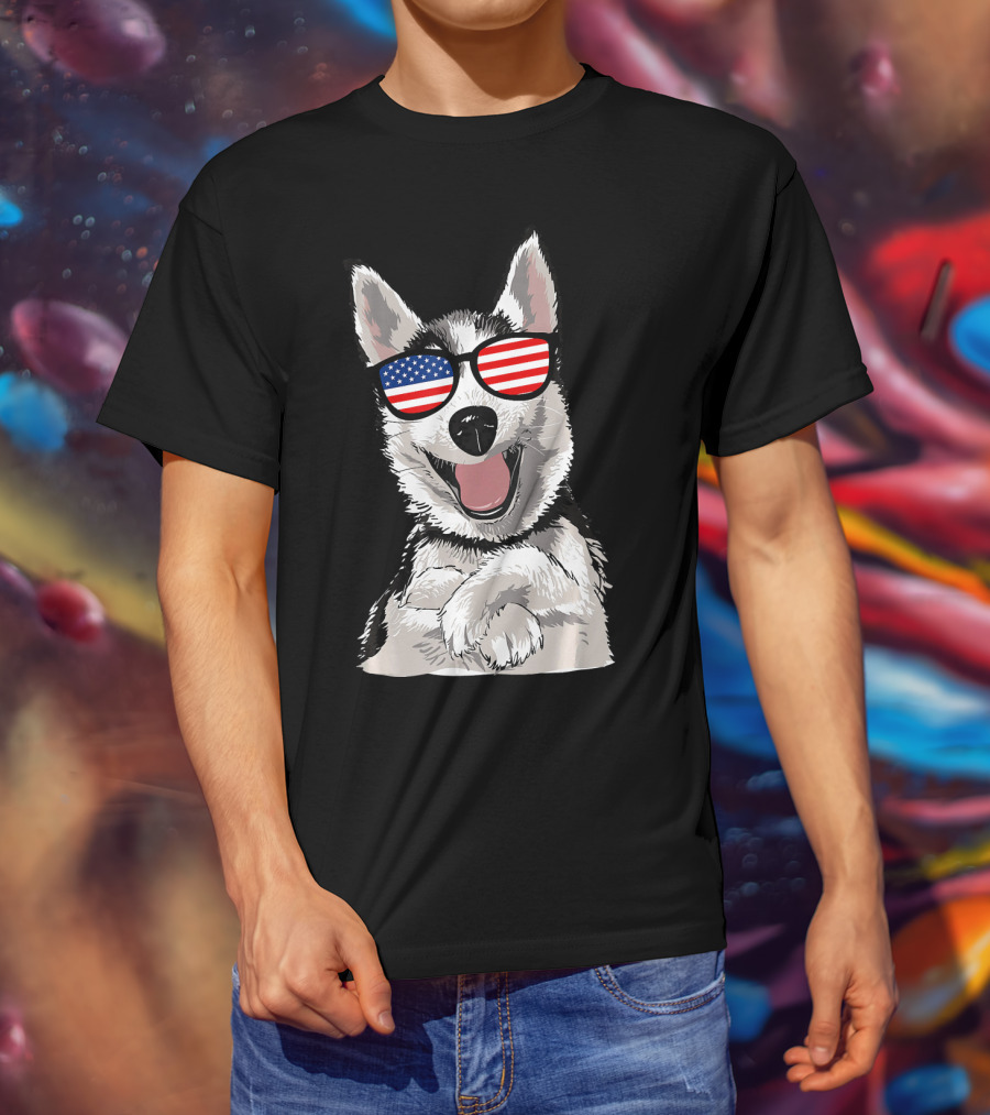 Patriotic Dog Husky With American Flag Sunglasses T-Shirt