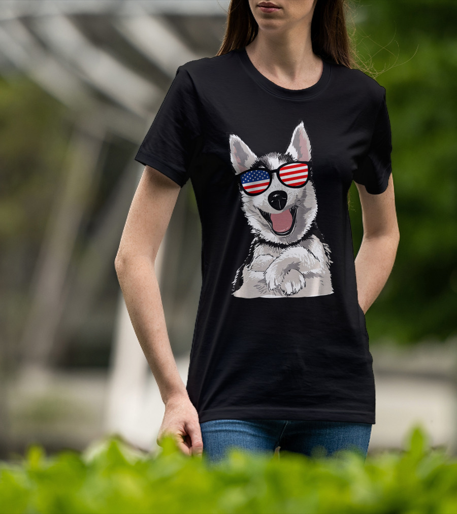 Patriotic Dog Husky With American Flag Sunglasses T-Shirt