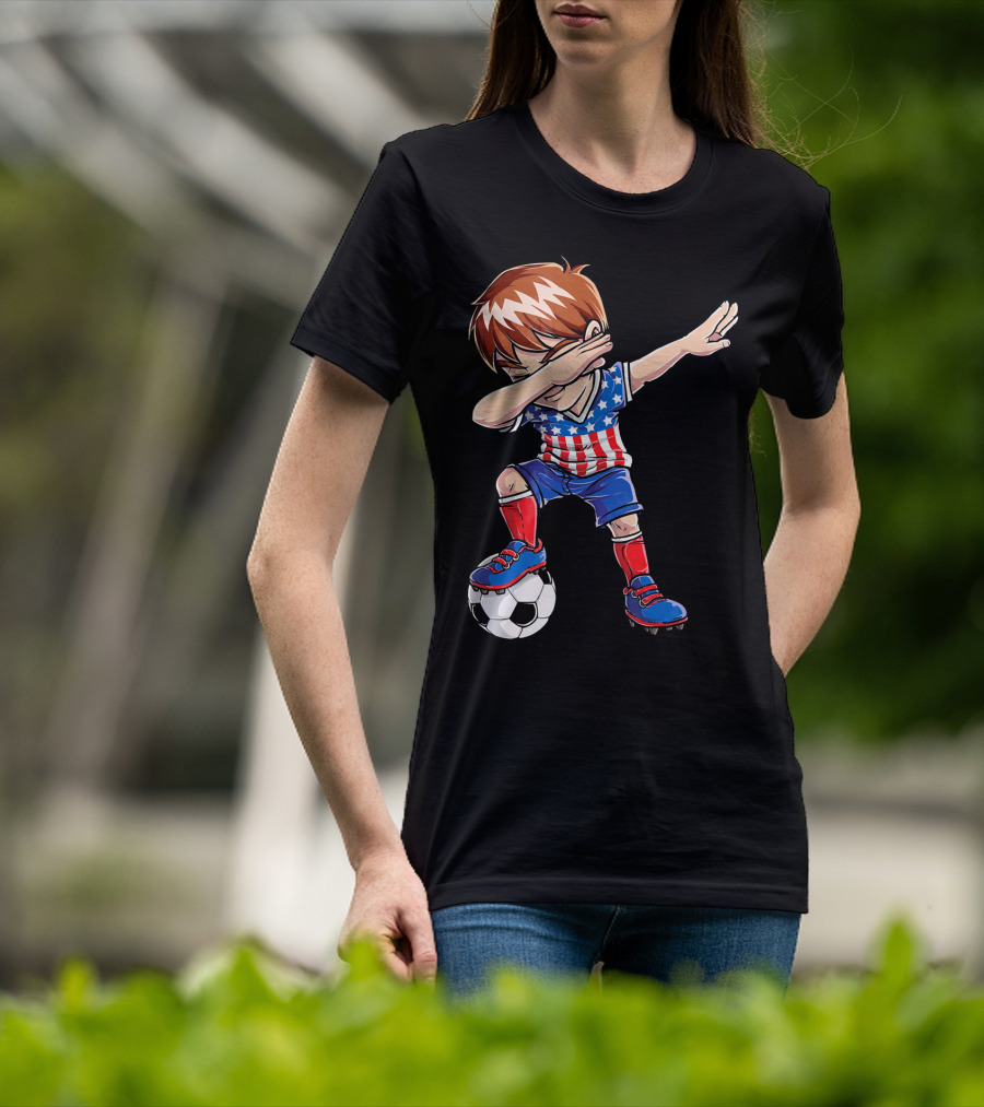 Dabbing Soccer Boy With American Flag Jersey T-Shirt
