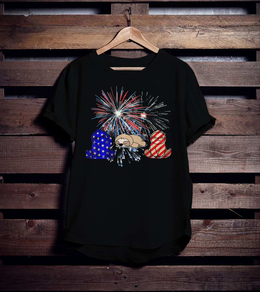Red White Blue Sloth Fireworks Patriotic T-Shirt