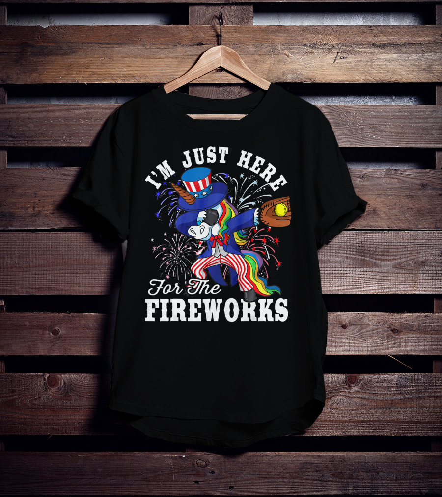 I'm Just Here For The Fireworks Dabbing Unicorn Uncle Sam Softball T-Shirt