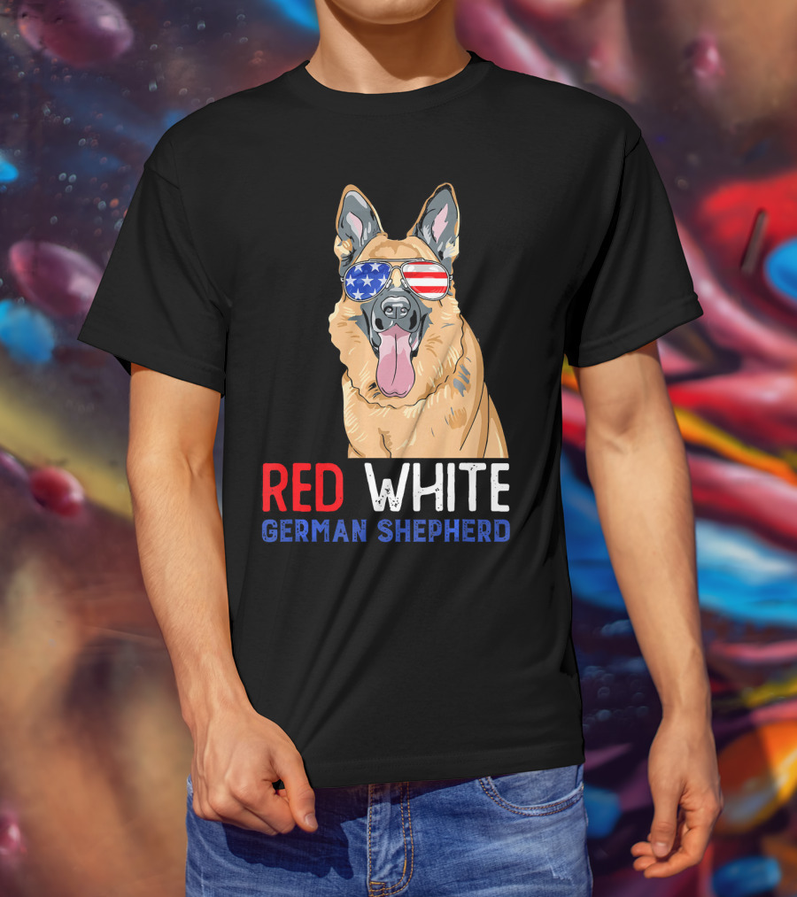 Red White German Shepherd USA Sunglasses Stars Stripes T-Shirt