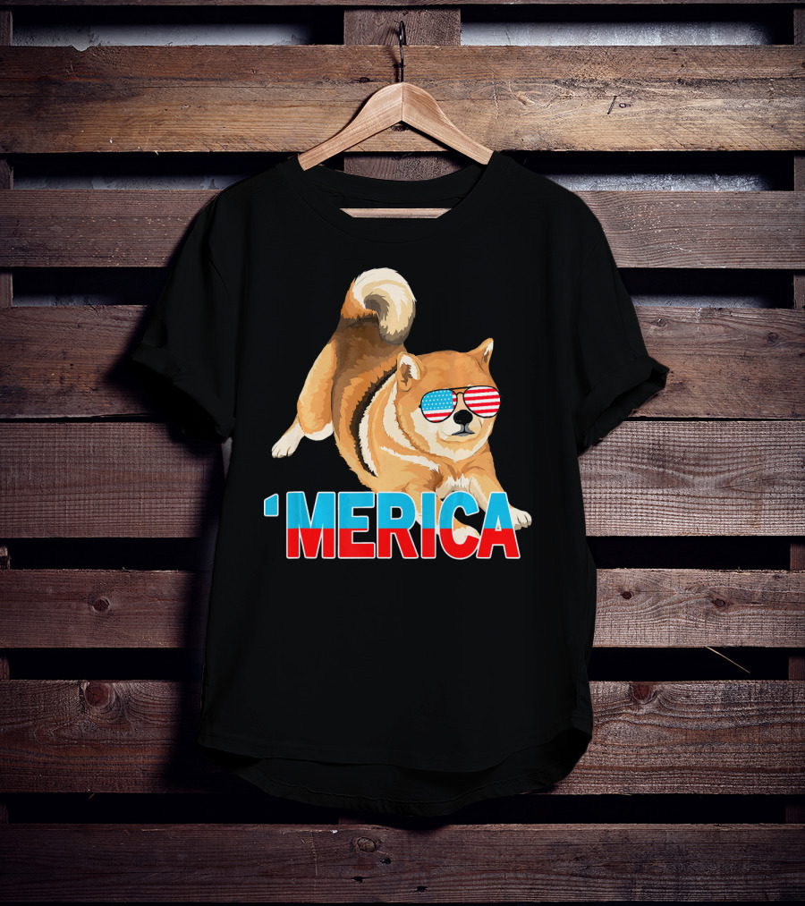 Merica Shiba Inu With American Flag Sunglasses T-Shirt