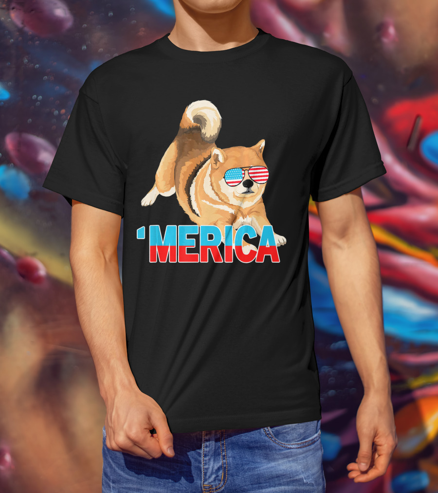 Merica Shiba Inu With American Flag Sunglasses T-Shirt