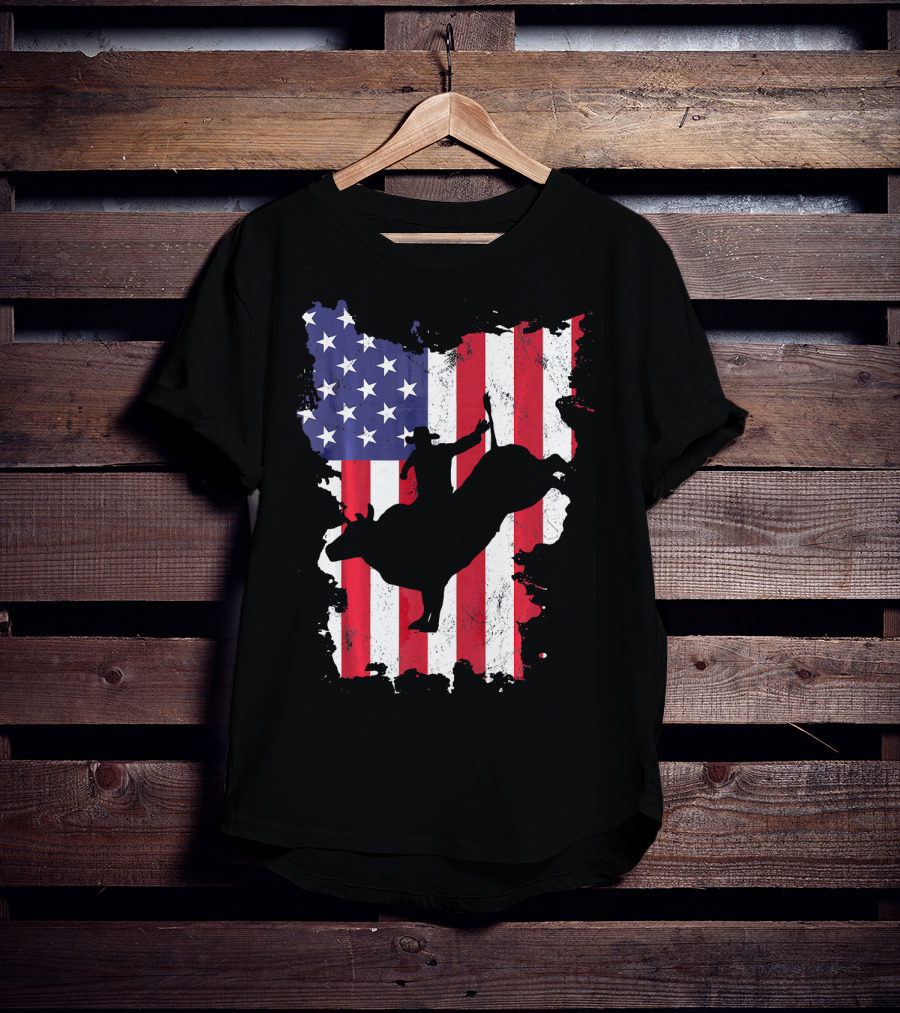 Bull Riding Cowboy Silhouette USA Flag T-Shirt