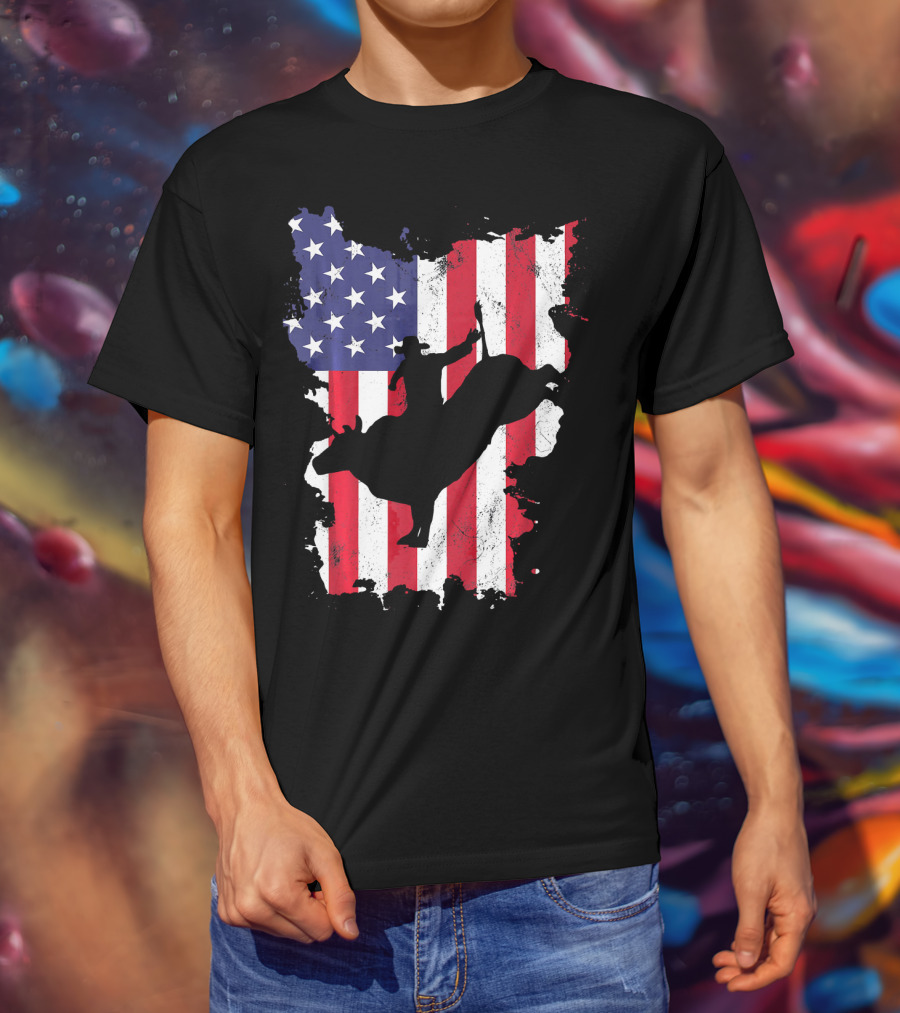 Bull Riding Cowboy Silhouette USA Flag T-Shirt