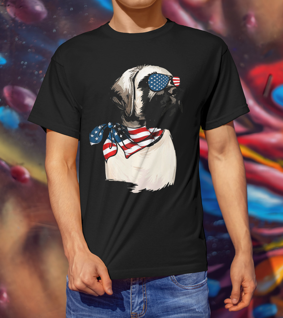 American Flag English Mastiff With Patriotic Stars And Stripes Sunglasses And Scarf T-Shirt