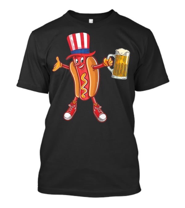 Funny Hot Dog Wearing US Flag Hat Holding Beer Mug T-Shirt