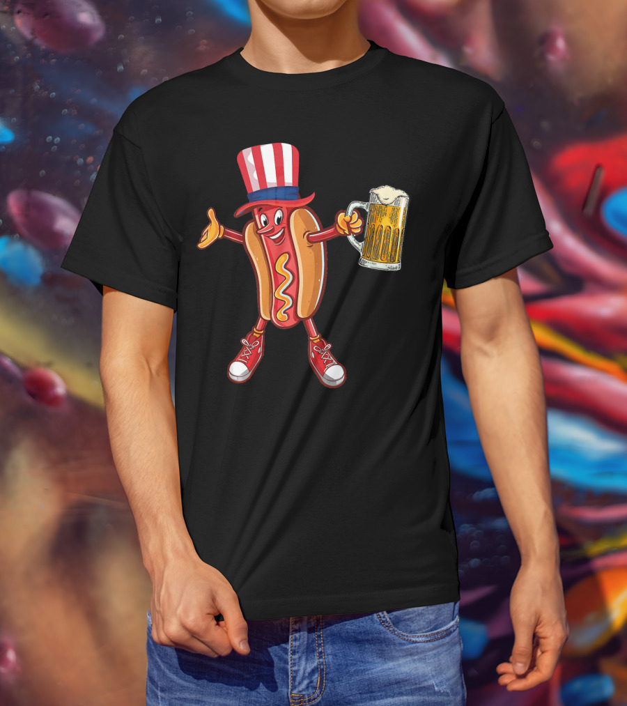 Funny Hot Dog Wearing US Flag Hat Holding Beer Mug T-Shirt
