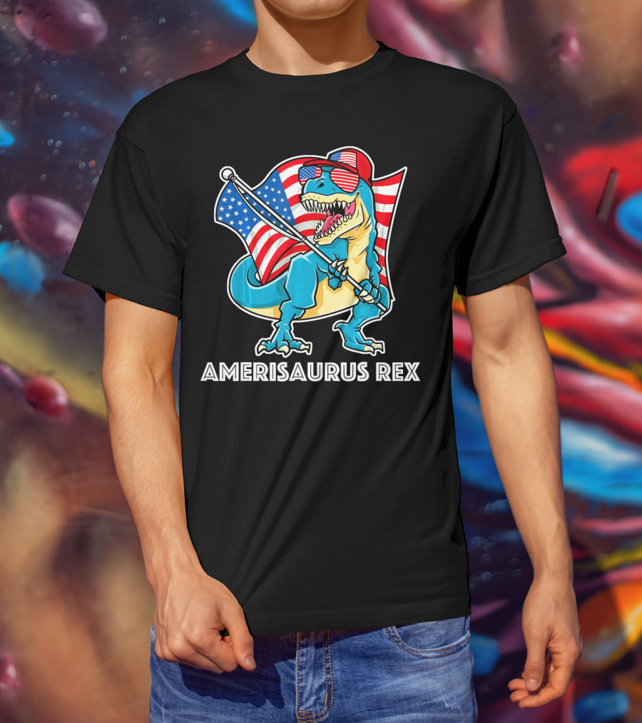 Amerisaurus Rex Patriotic Dinosaur With American Flag And Sunglasses T-Shirt