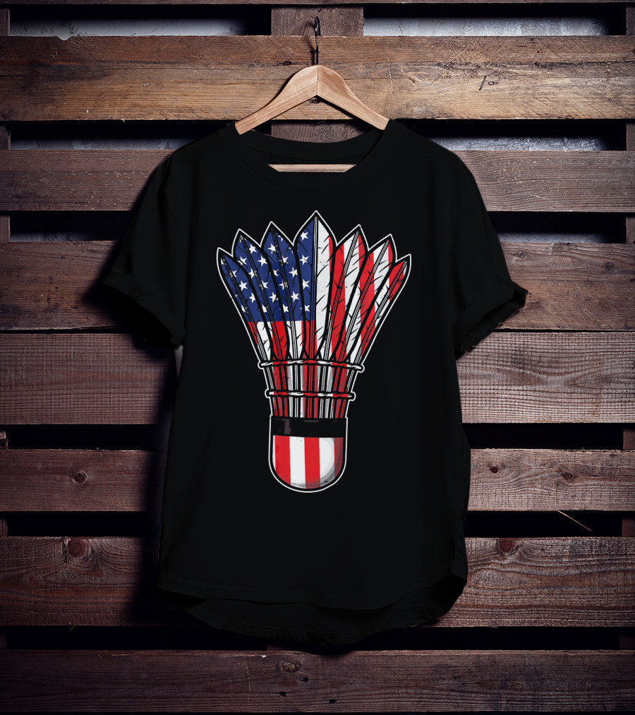Funny Badminton Shuttlecock American Flag Patriot Player Love T-Shirt