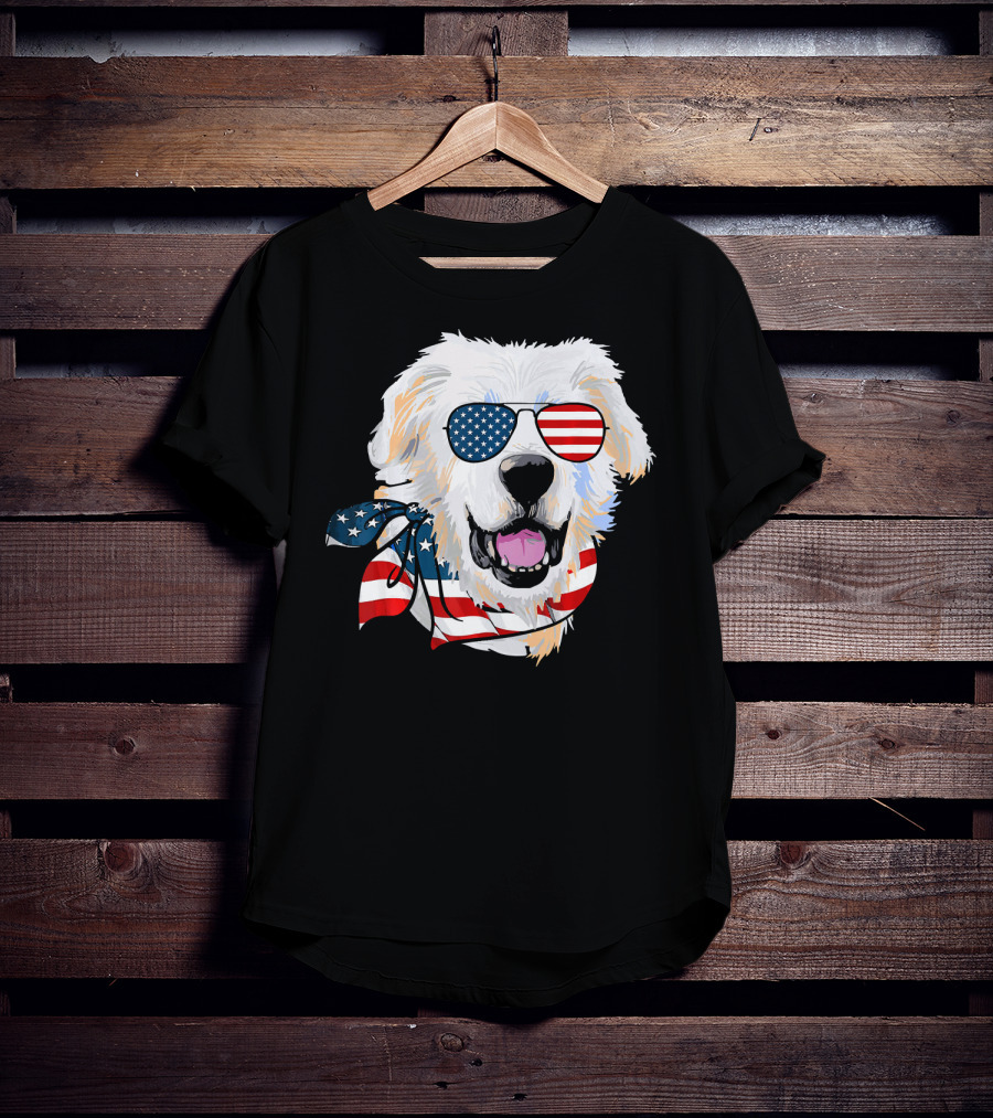 American Flag Great Pyrenees Dog With Patriotic Sunglasses And Bandana T-Shirt