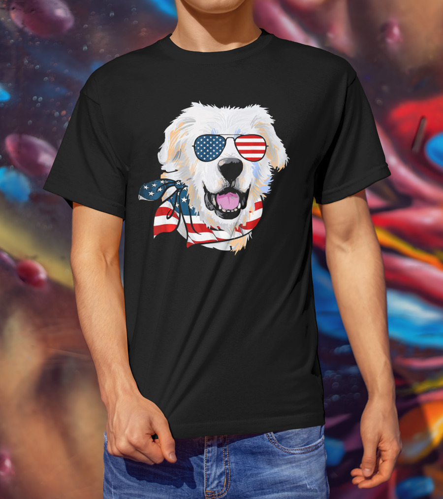 American Flag Great Pyrenees Dog With Patriotic Sunglasses And Bandana T-Shirt