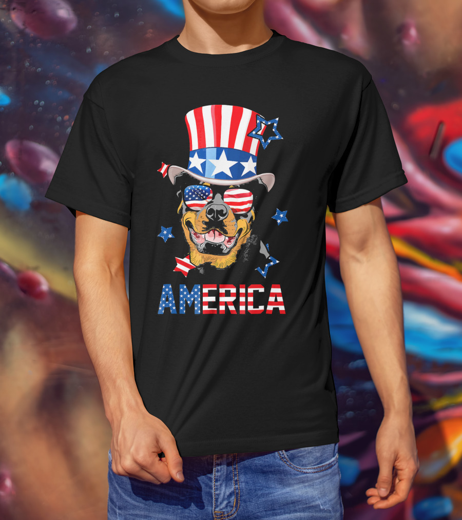America Rottweiler Wearing Patriotic Top Hat And Sunglasses T-Shirt