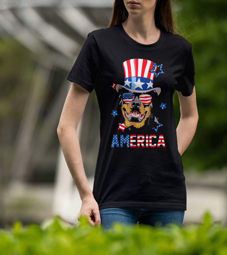 America Rottweiler Wearing Patriotic Top Hat And Sunglasses T-Shirt